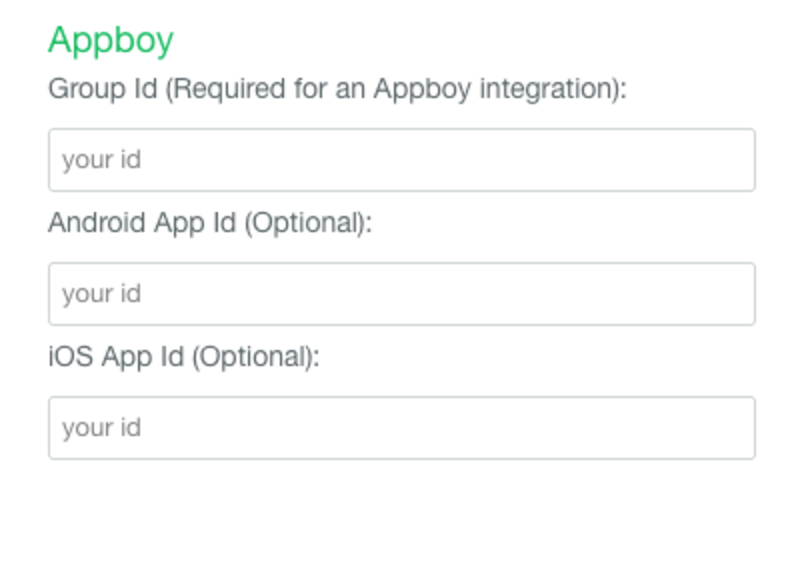 Image de la console Pilgrim demandant l'ID de groupe, l'ID d'application Android et l'ID d'application iOS.