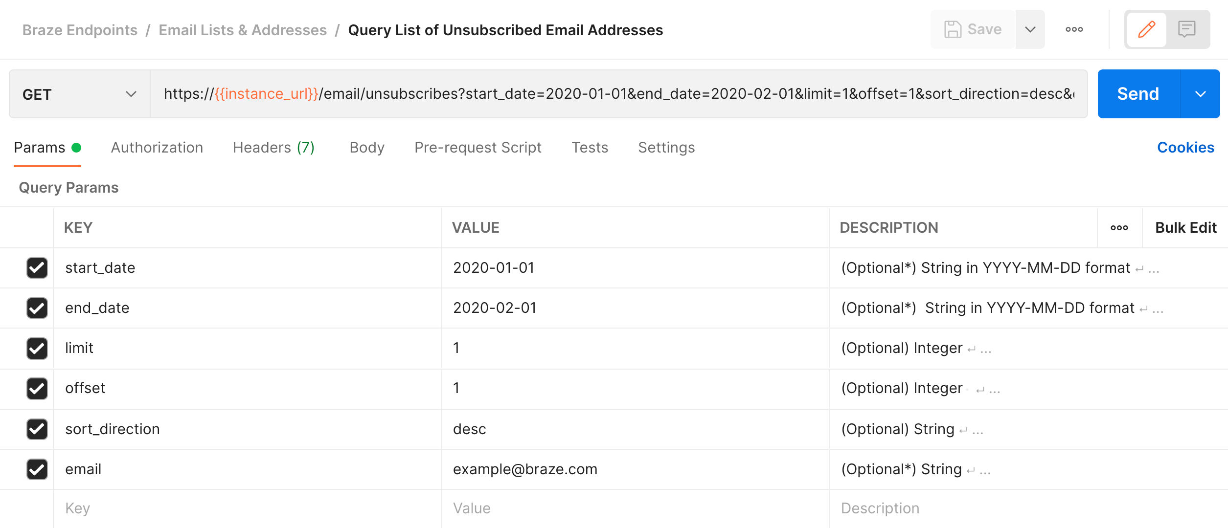 Onglet Paramètres lors de la modification d’une demande GET Demander la liste des adresses e-mail désinscrites dans Postman.