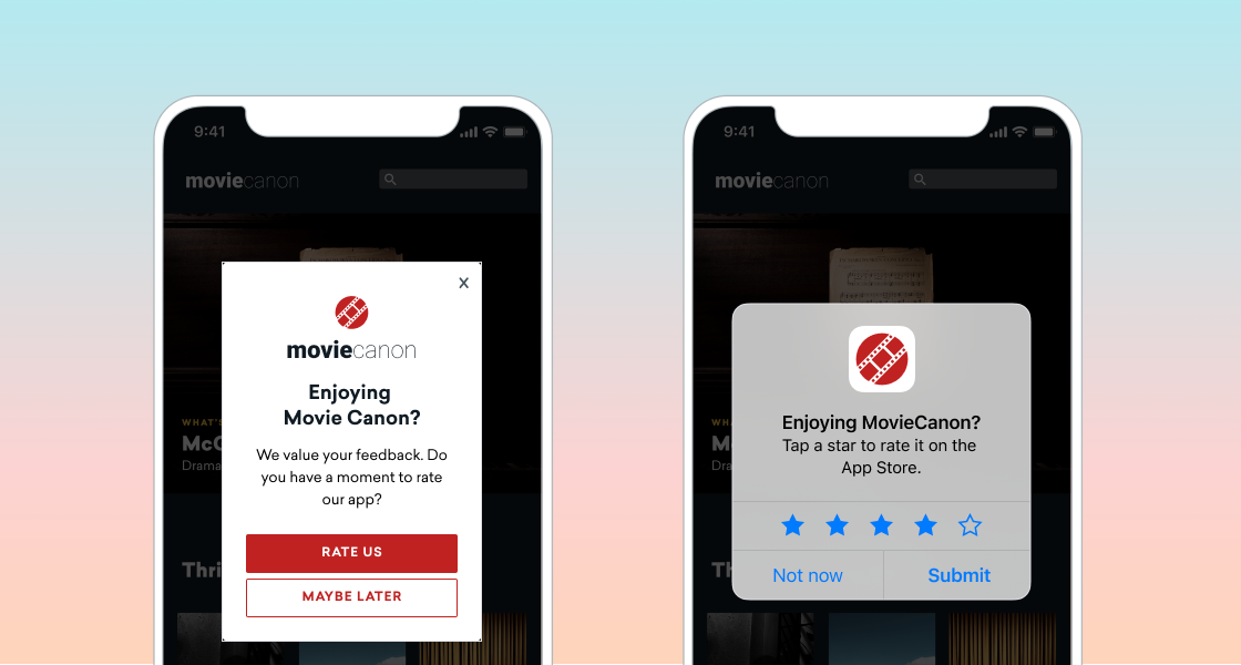 Deux messages in-app côte à côte. Le premier sensibilise l’utilisateur à l’évaluation de l’application en leur demandant s’ils ont le temps d’évaluer l’application. Le deuxième est le message natif iOS d’évaluation dans l’App Store, affichant une échelle de cinq étoiles que l’utilisateur peut sélectionner pour évaluer l’application.