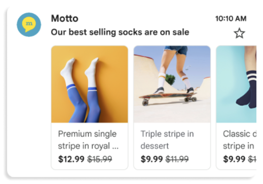 Exemple de carrousel de produits d'une entreprise nommée Motto avec l'objet de l'e-mail « Nos chaussettes les plus vendues sont en promotion », avec trois images de chaussettes et leurs prix réduits.