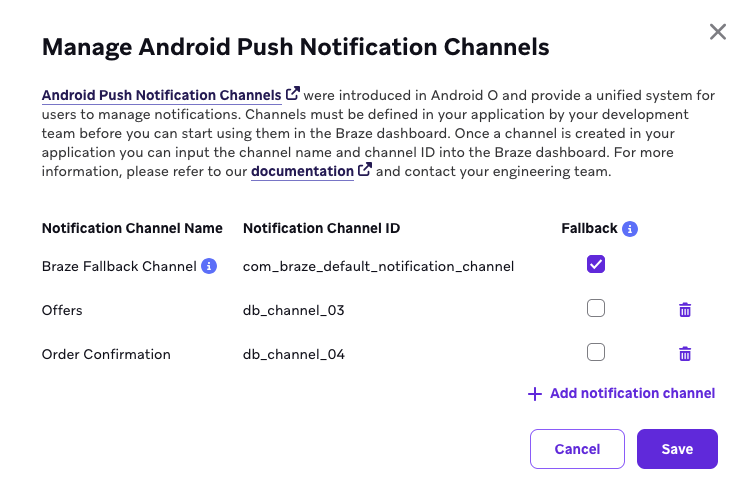 Boîte de dialogue Ajouter un canal de notification avec des champs pour le nom du canal et l'identifiant du canal.
