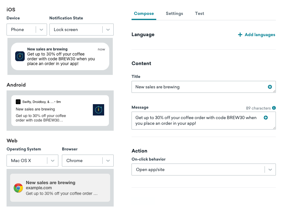 Vue d'édition unique avec un titre, un message et un champ de comportement au clic pour trois types de push : iOS, Android et Web.