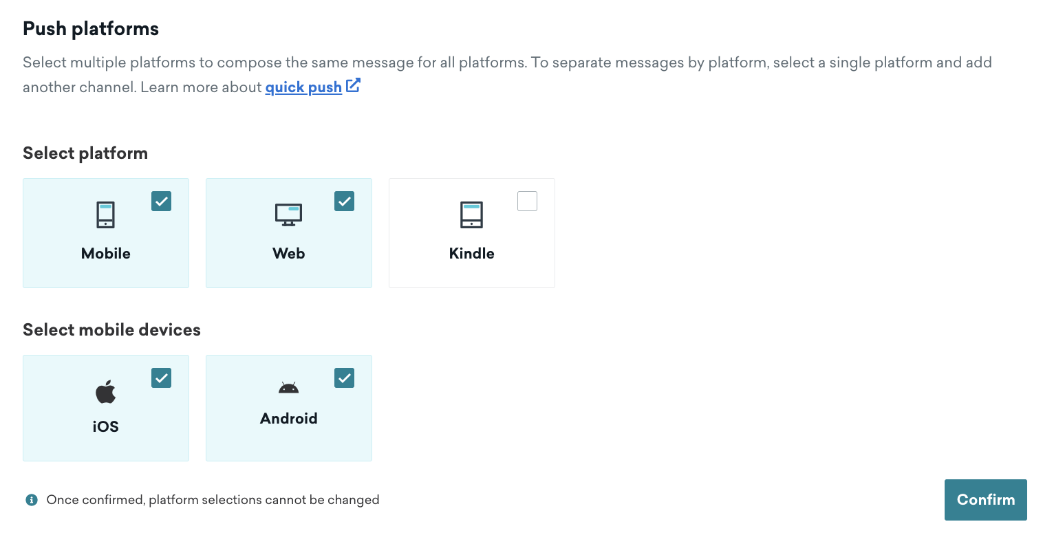 Options pour sélectionner plusieurs plateformes pour une étape de message push, telles que Mobile, Web et Kindle, et plusieurs appareils, tels qu'iOS et Android.