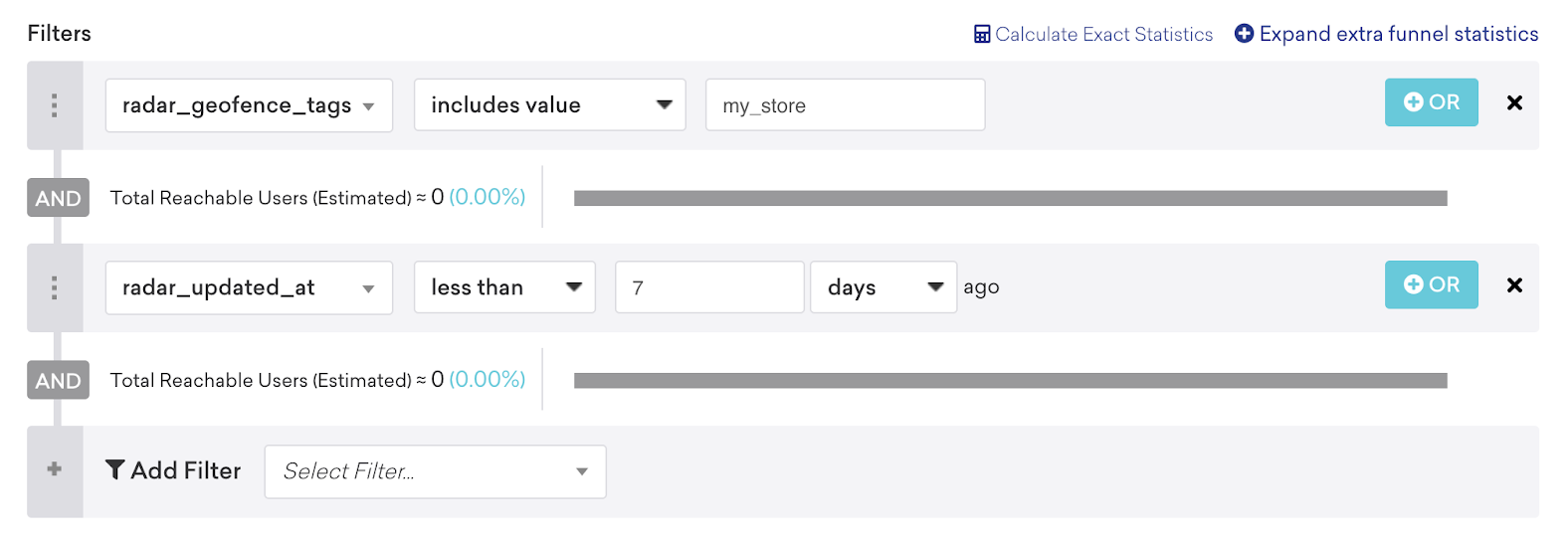 Un segment où "radar_geofence_tags" inclut la valeur my_store et où "radar_updated_at" date de moins de 7 jours.