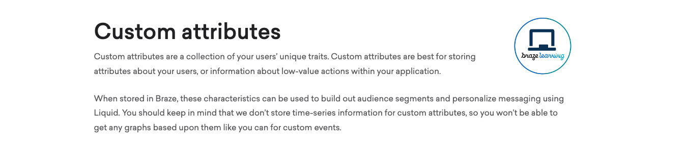 Logo des cours Braze dans l'article sur les attributs personnalisés, qui vous renvoie au cours Braze sur les attributs personnalisés