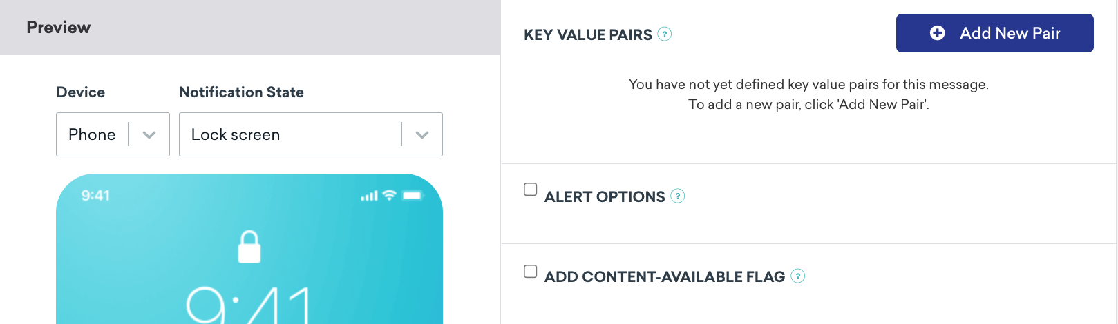 Le tableau de bord de Braze montre la case à cocher "content-available" qui se trouve dans l'onglet "settings" du compositeur de push.