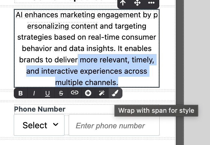 Option affichée lors de la sélection de texte dans un message in-app. Une petite icône de pinceau indique que vous pouvez encadrer avec un span pour le style.