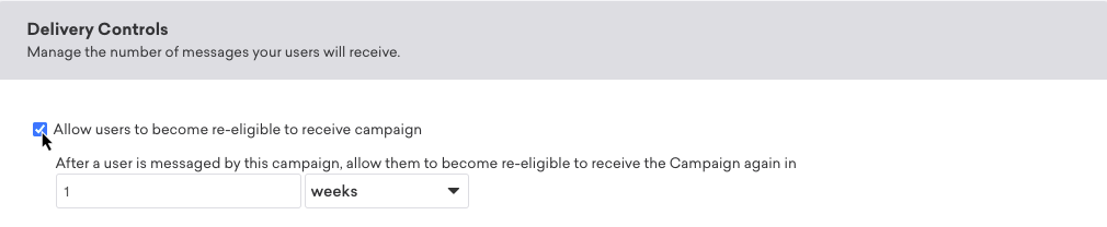 Une campagne avec la case « Autoriser les utilisateurs à devenir rééligibles pour recevoir la campagne » après une semaine de cochée.