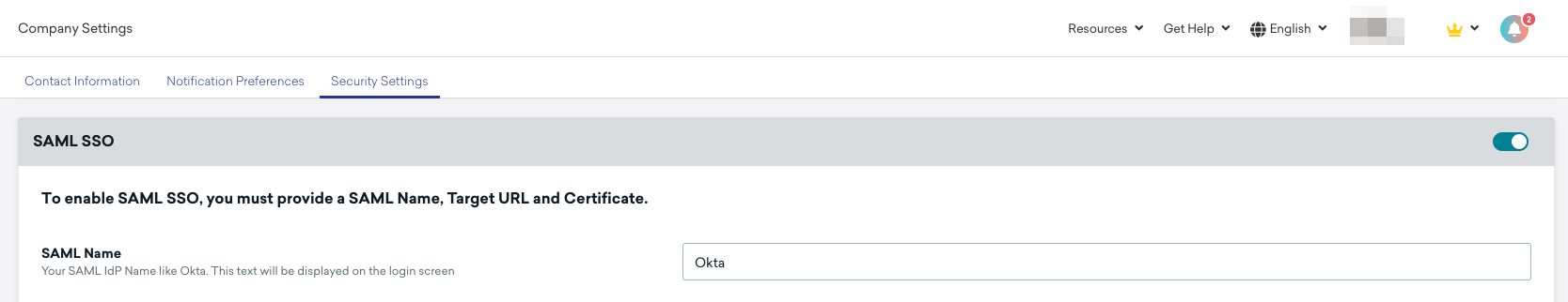 [セキュリティ設定] ページで Okta SAML SSOが有効。