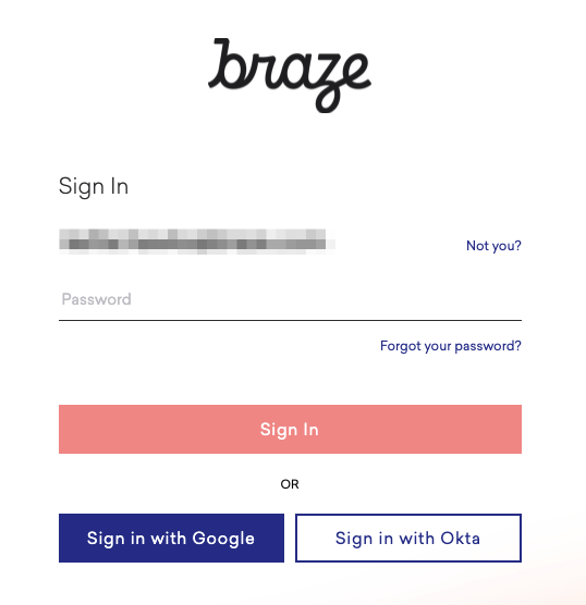 Okta の SSOを有効にした Braze ダッシュボードへのログイン。