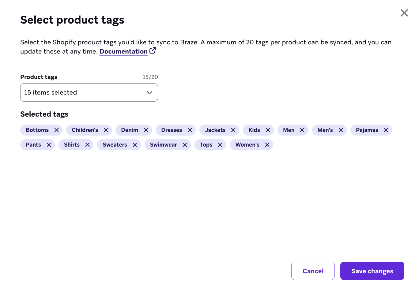 「Women's」を含む15個の衣料品関連タグが選択されたShopify商品タグ選択モーダル。