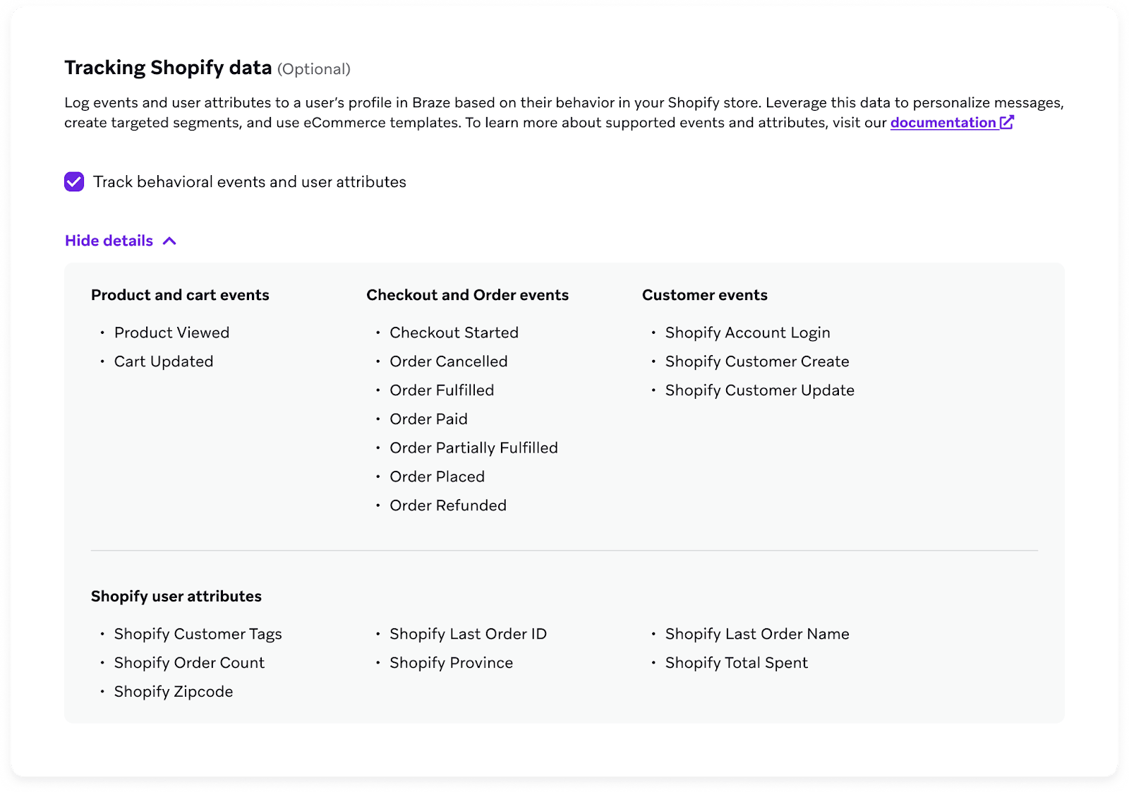 「Shopify データ追跡」セクション。行動イベントを追跡するためのチェックボックスとユーザー属性が表示されている。