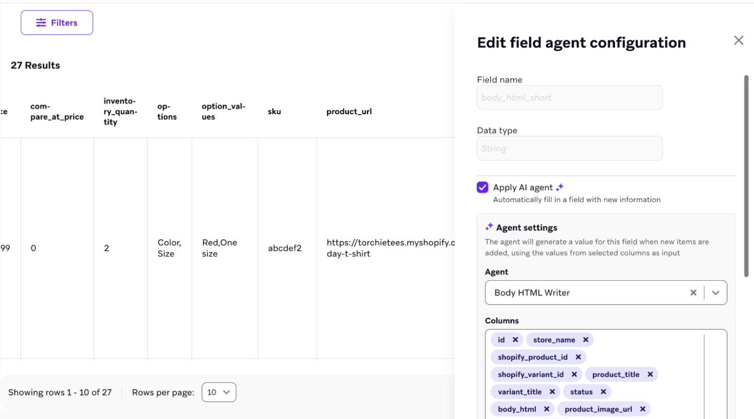 カタログ フィールドの場合、"Apply AI agent"を選択します。