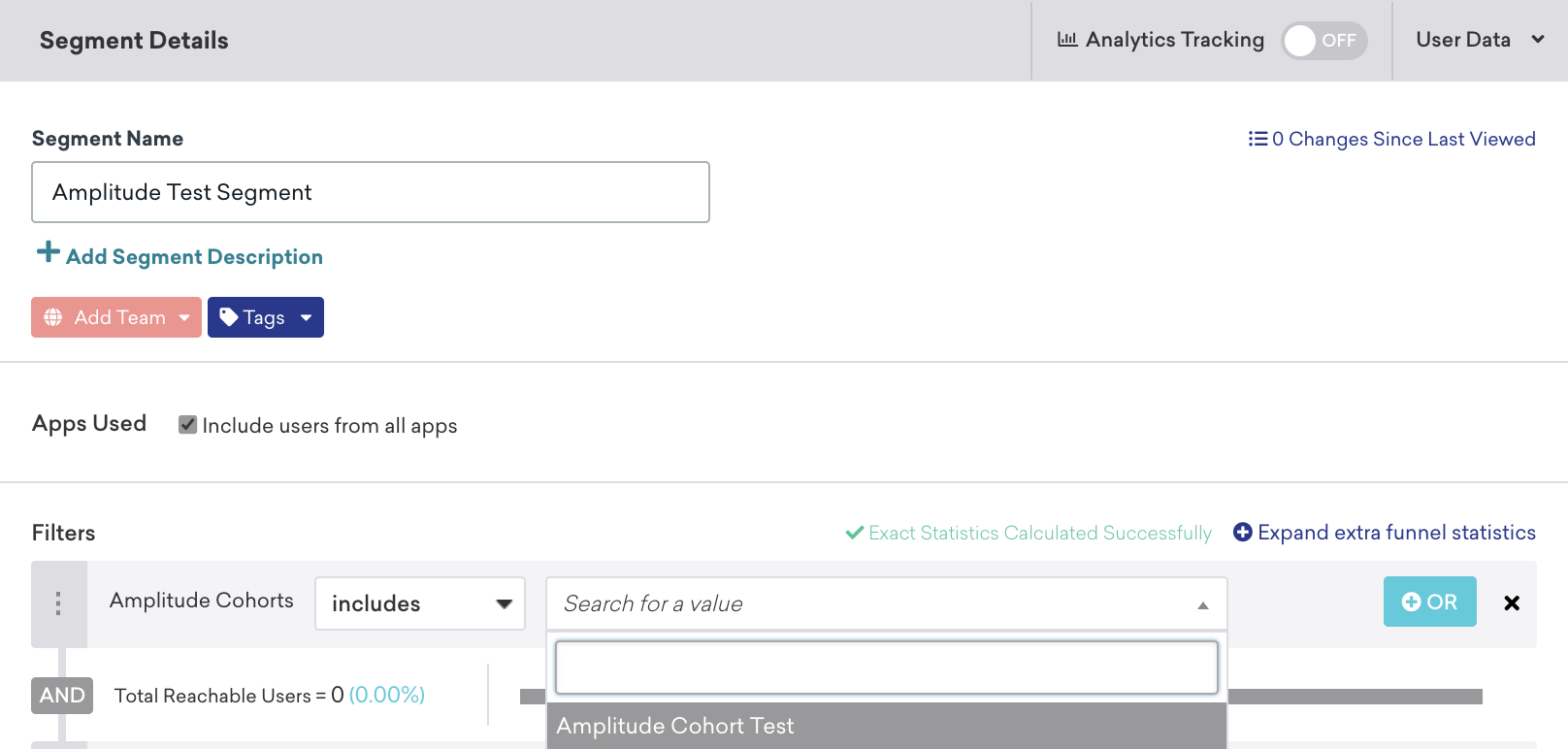 Braze Segment ビルダーでは、フィルター"Amplitude_コホート s" は" includes_value" および" Amplitude コホート test".