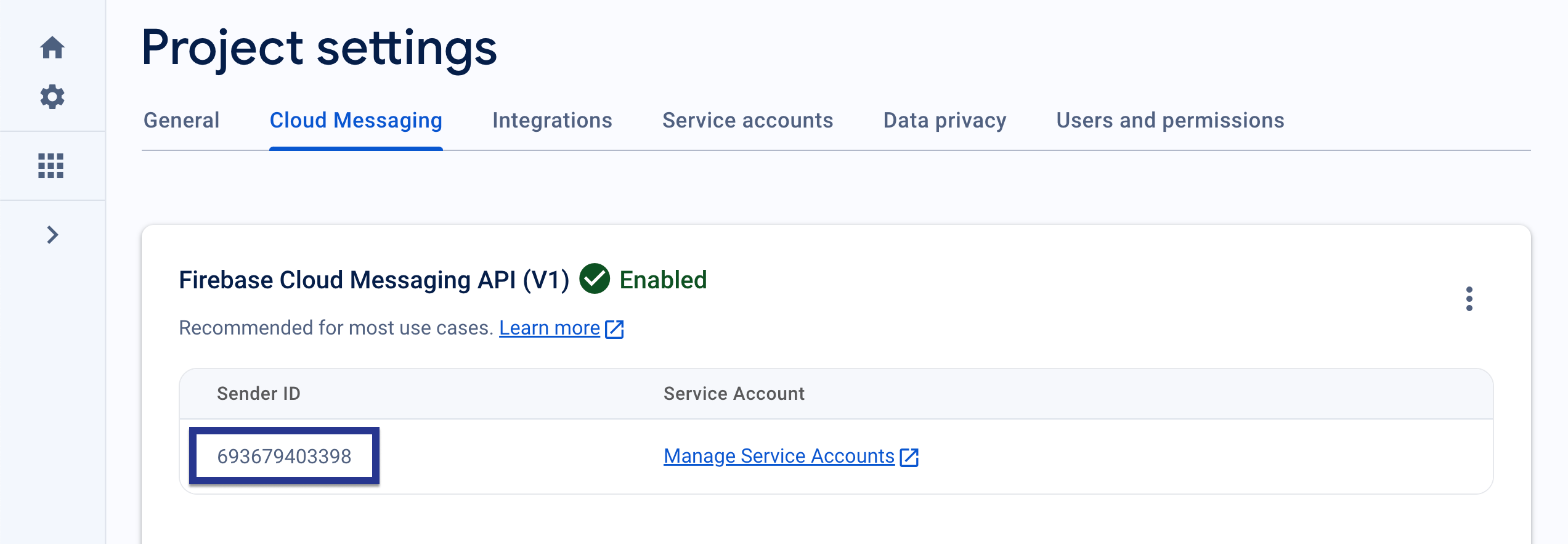 Firebaseプロジェクトの "Cloud Messaging "ページ。"Sender ID "がハイライトされている。