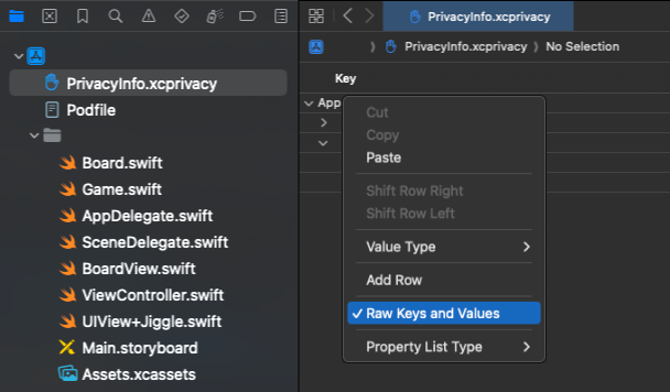 コンテキストメニューが開き、「Raw Keys and Values」が強調表示された Xcode プロジェクト。