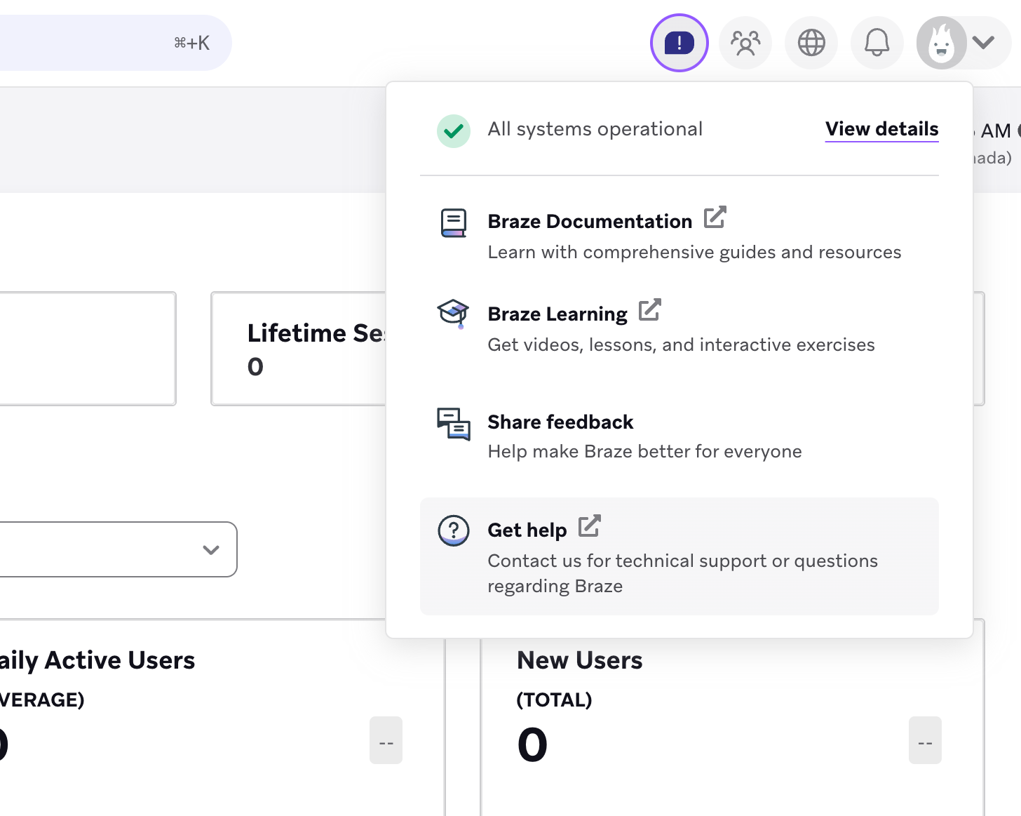 右上の "Support "ボタンの下にある "Get Help "ボタンを示すBraze UI