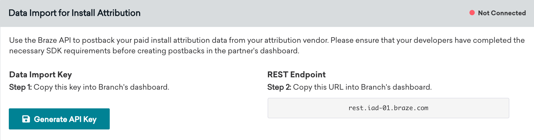 この画像は、ブランチ・テクノロジー・ページにある "Data Import for Install Attribution "ボックスを示している。このボックスには、データ・インポート・キーとRESTエンドポイントが表示される。