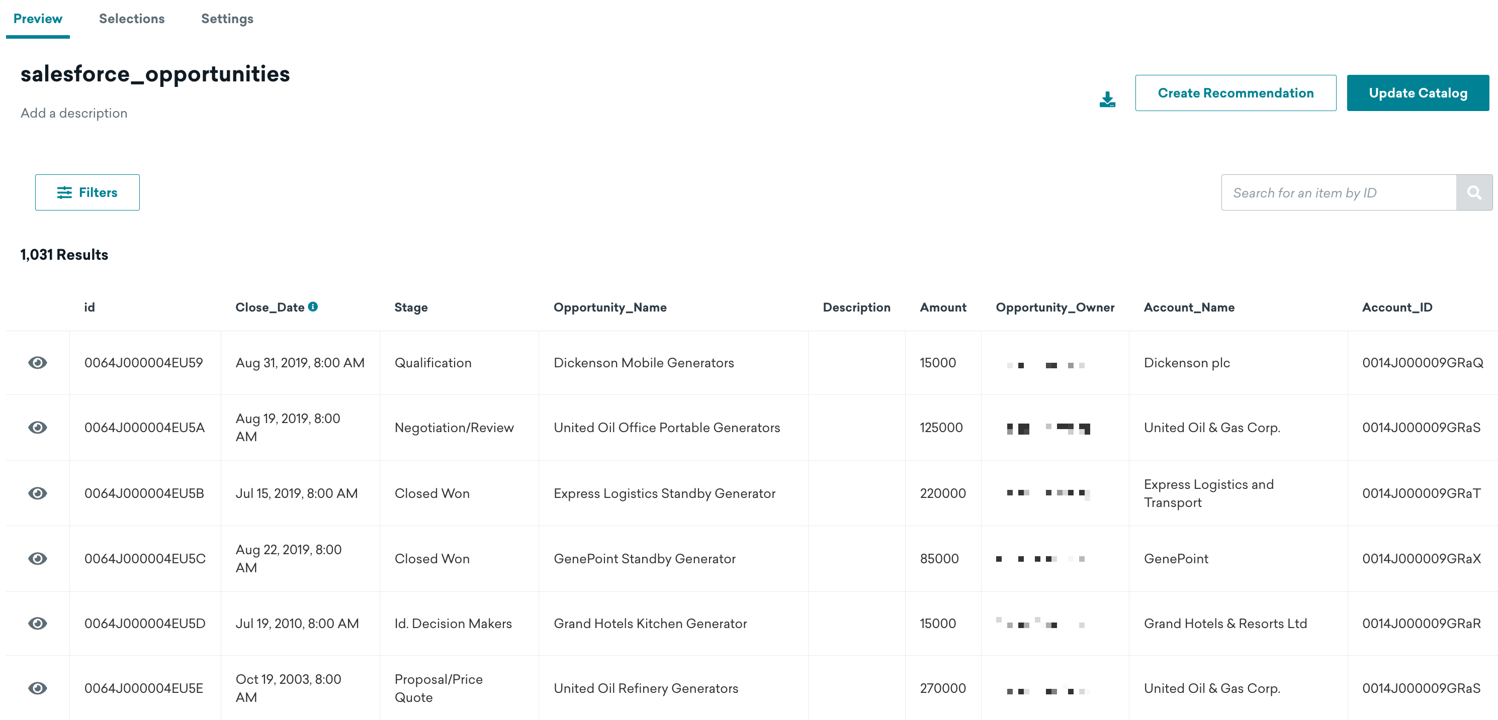 請求先住所や取引先所有者など、それぞれの情報を含むSalesforce 商談のテーブル。