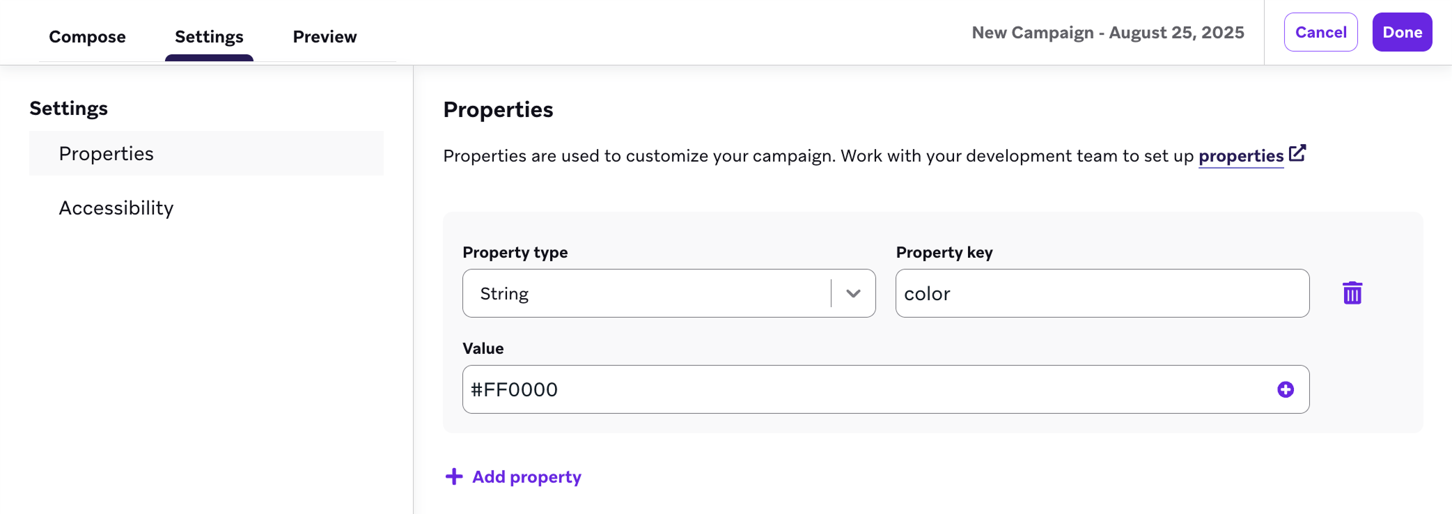 文字列プロパティを持つプロパティページ。キーはカラーで、値は#FF0000 です。
