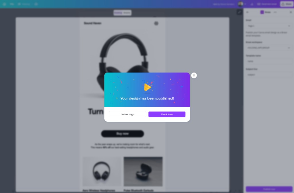 CanvaのメールデザインをBrazeに公開した後の成功メッセージとCheck it outボタン。