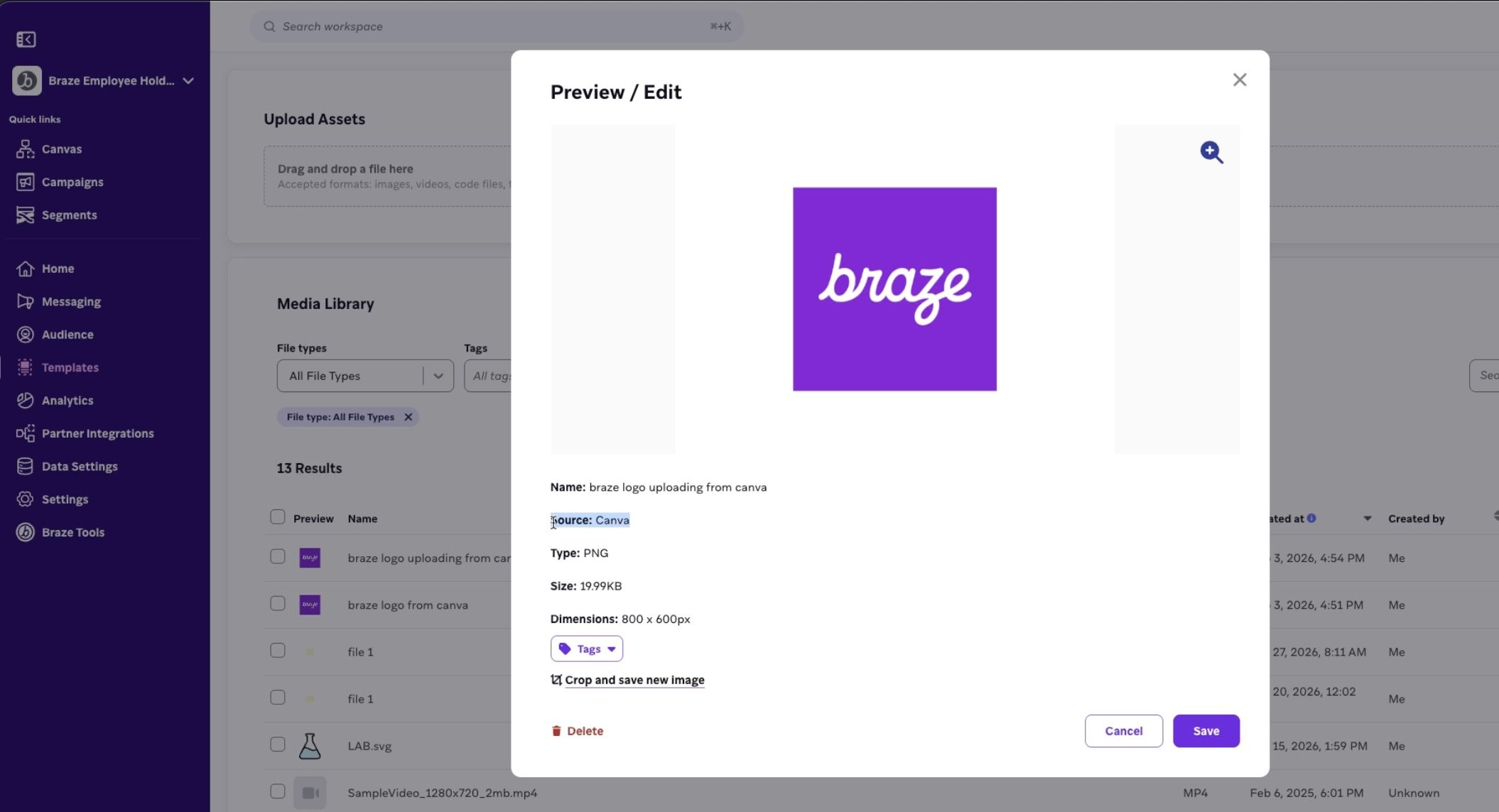BrazeメディアライブラリにエクスポートされたCanvaアセット。