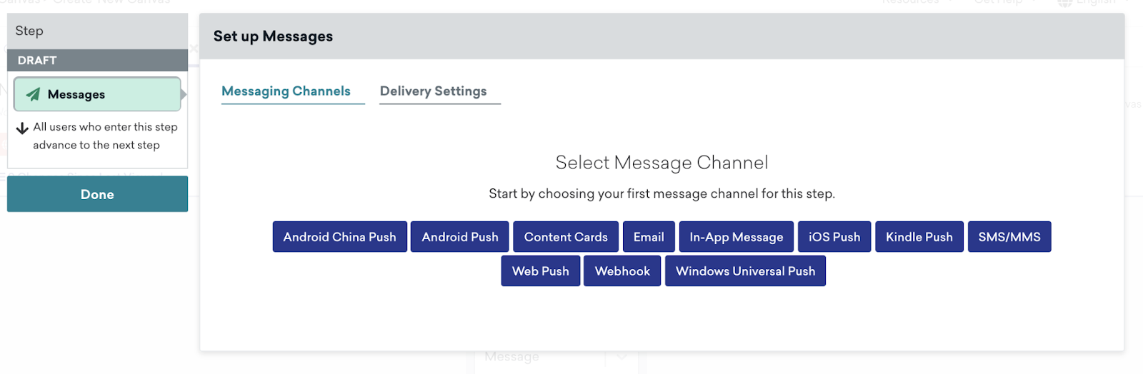メッセージチャネルを選択して配信設定をカスタマイズするオプションを含む、キャンバスメッセージコンポーネントのメッセージ設定。