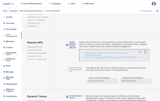 Request Unique URL APIが有効になり、API URLが表示されているCataBoom Link Configurationページ。