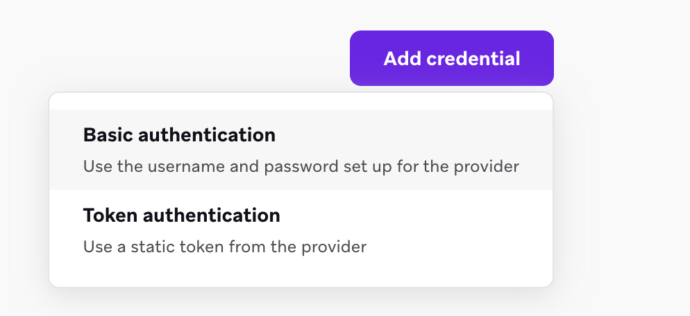 認証情報を追加する」ドロップダウンメニューには、ベーシック認証またはトークン認証を使用するオプションがある。