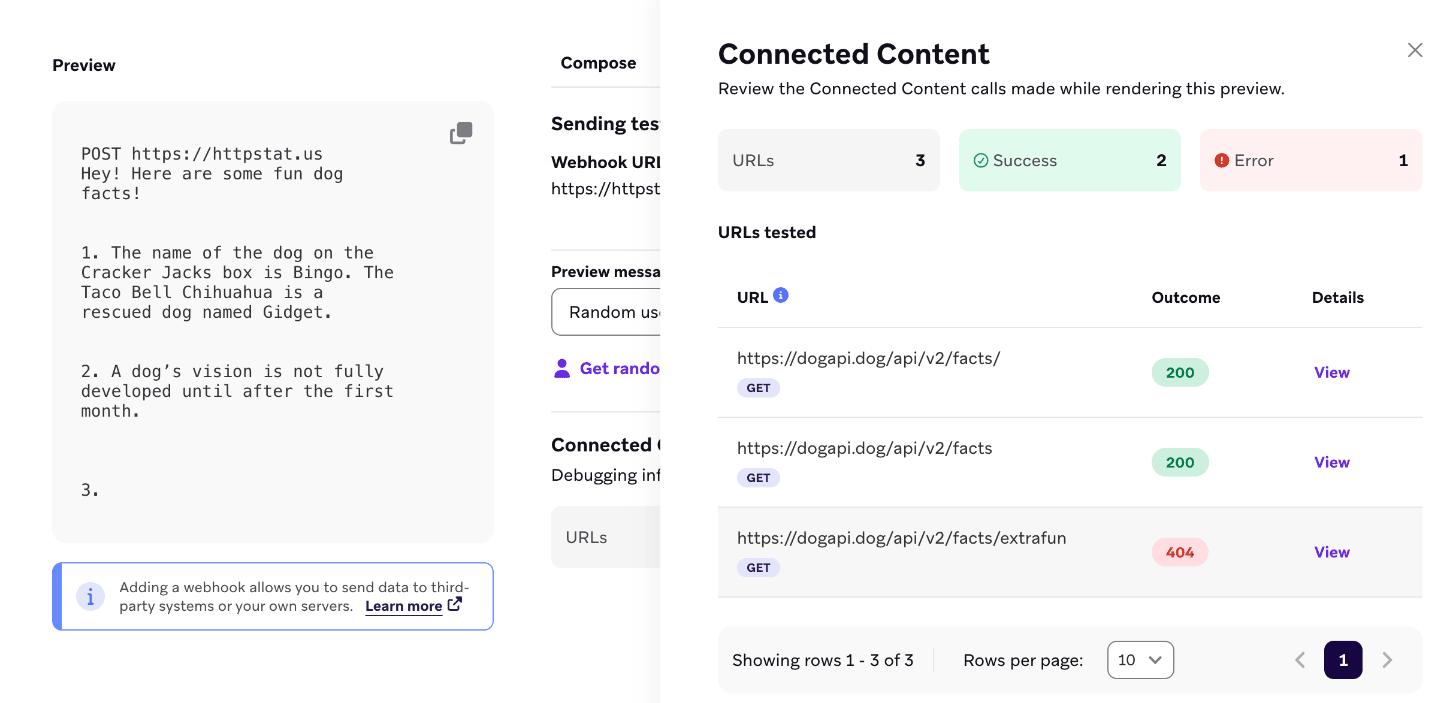 確認すべき3つのURLを含むConnected Content呼び出し。