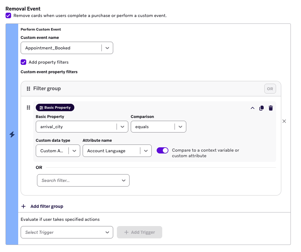 「Perform Custom Event」が選択され、コンテキスト変数またはカスタム属性を使用したプロパティフィルターが設定されたコンテンツカード削除イベント設定。