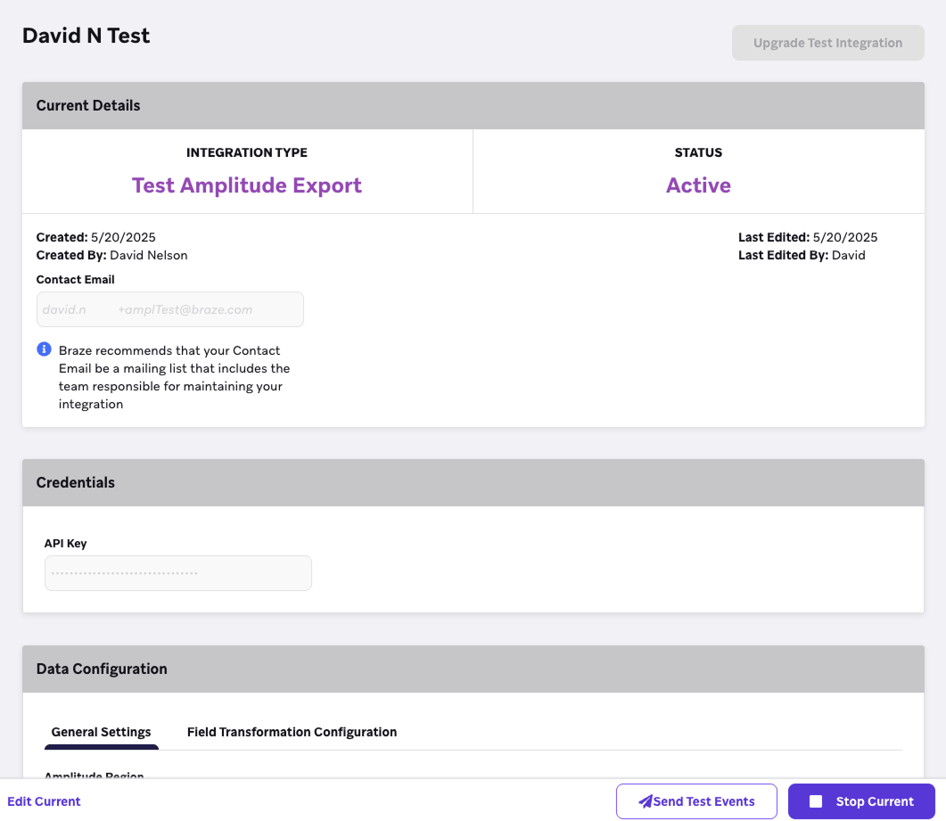 Braze ダッシュボードの [Currents Test (Currents テスト)] ページ