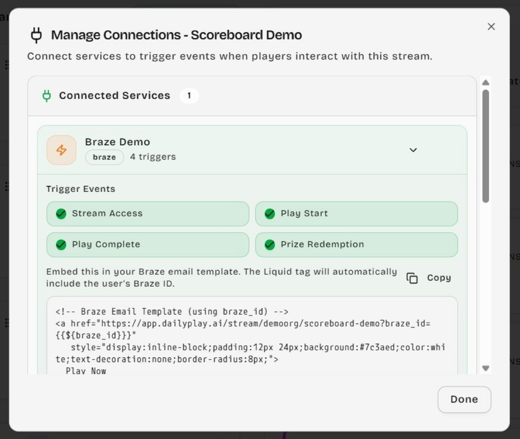 Brazeのトリガーイベントとメールテンプレート用の埋め込みコードが表示されたDailyPlayのManage Connectionsモーダル。