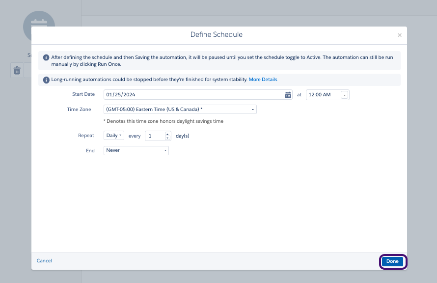 毎日繰り返すために、2024年1月25日午前12時に定義されたサンプルスケジュール。