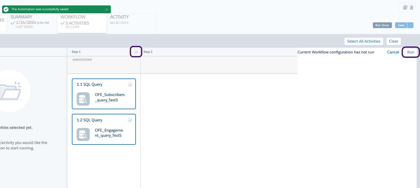 実行する選択したSQL クエリアクティビティの一覧を含むオートメーション"OFE_Experimenter_Test5_Automation"。