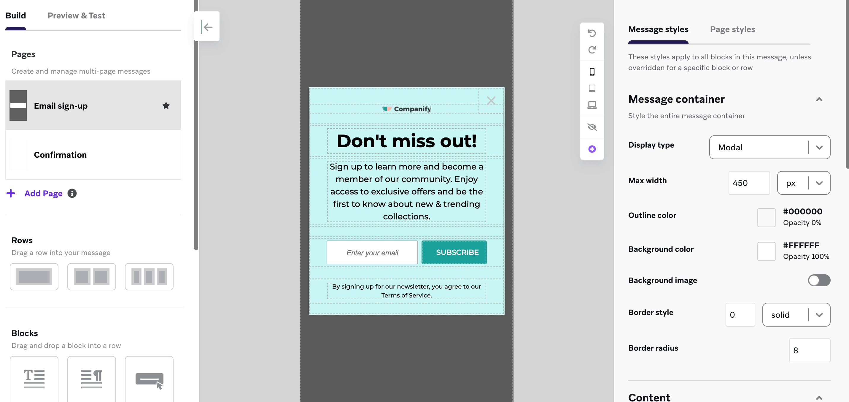 アプリ内メッセージエディタには、確認ページ付きのメールサインアップフォームのテンプレートがあります。