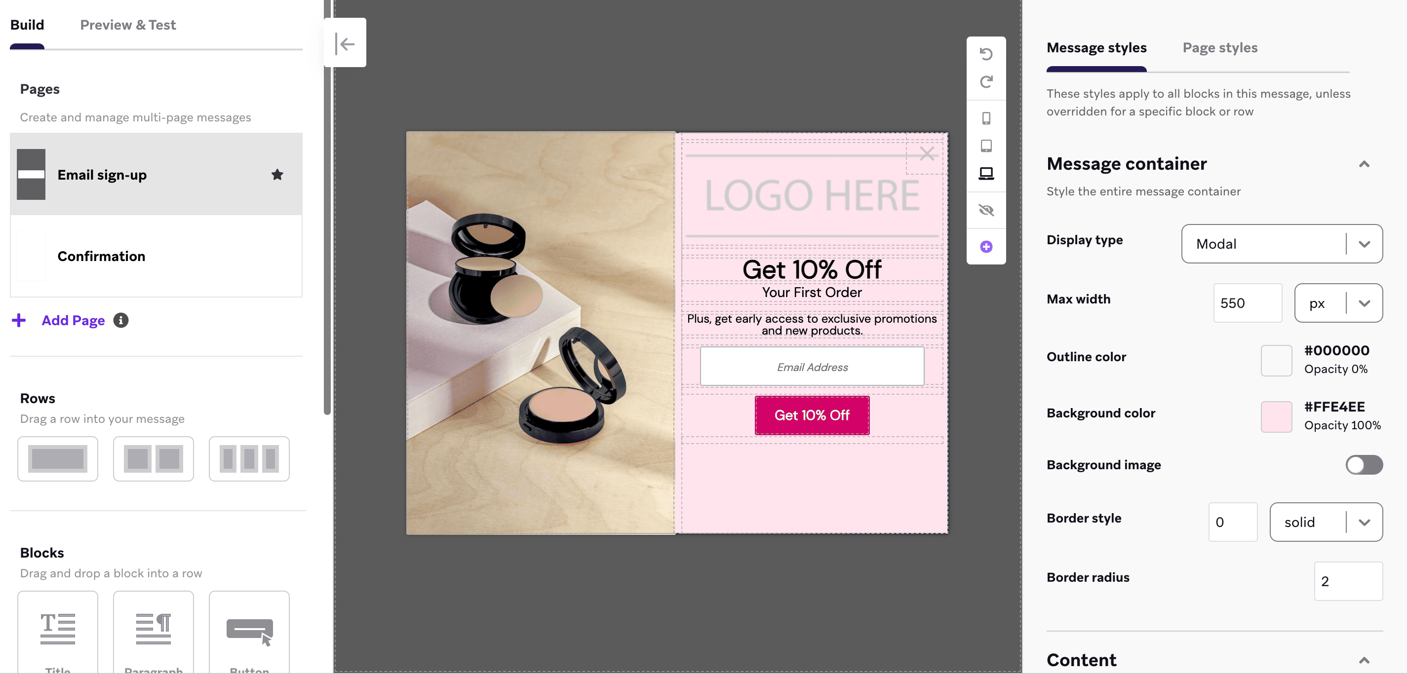 割引によるメールサインアップフォームのテンプレートを持つアプリ内メッセージエディタ。
