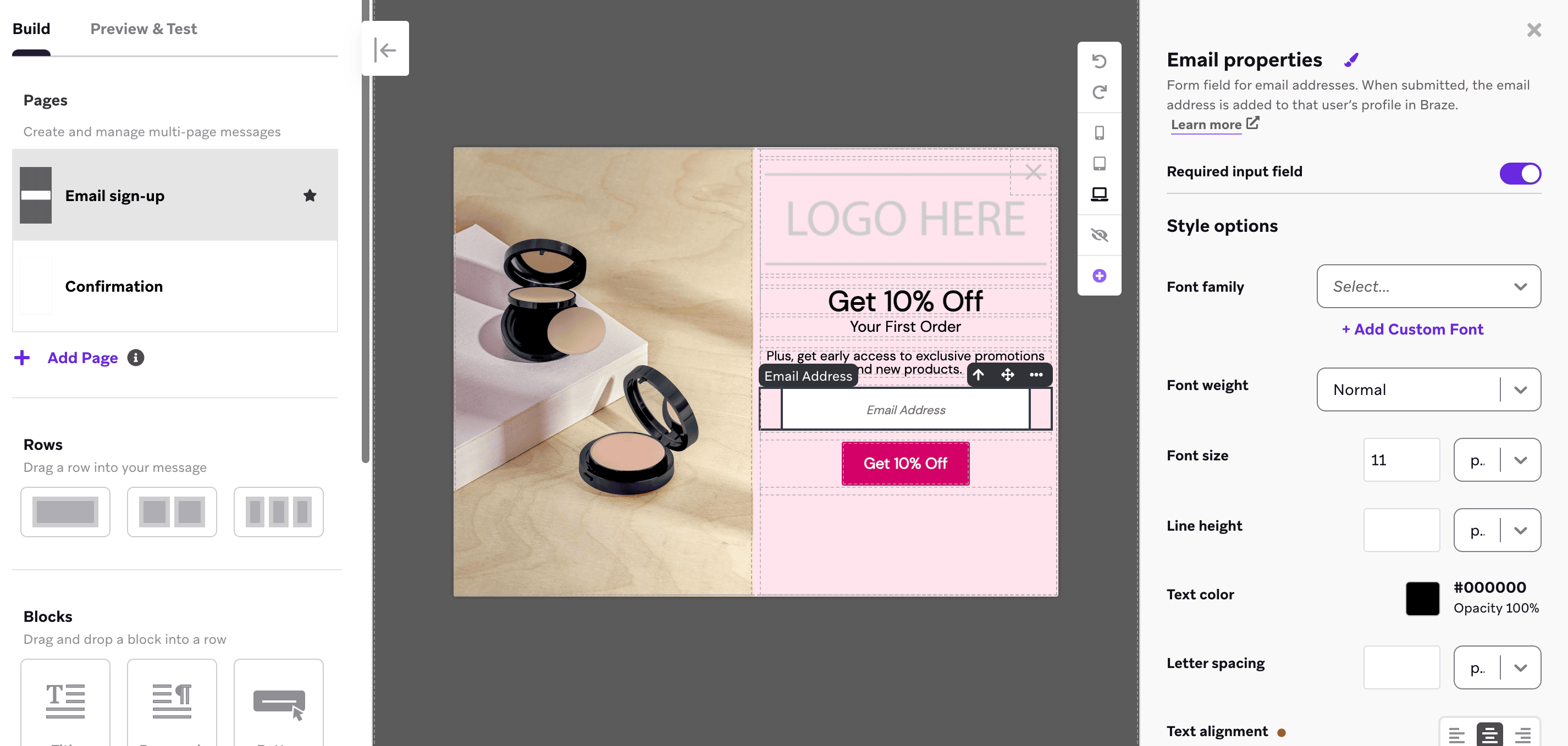 メールキャプチャ要素をカスタマイズするためのサイドメニュー付きのアプリ内メッセージエディタ。