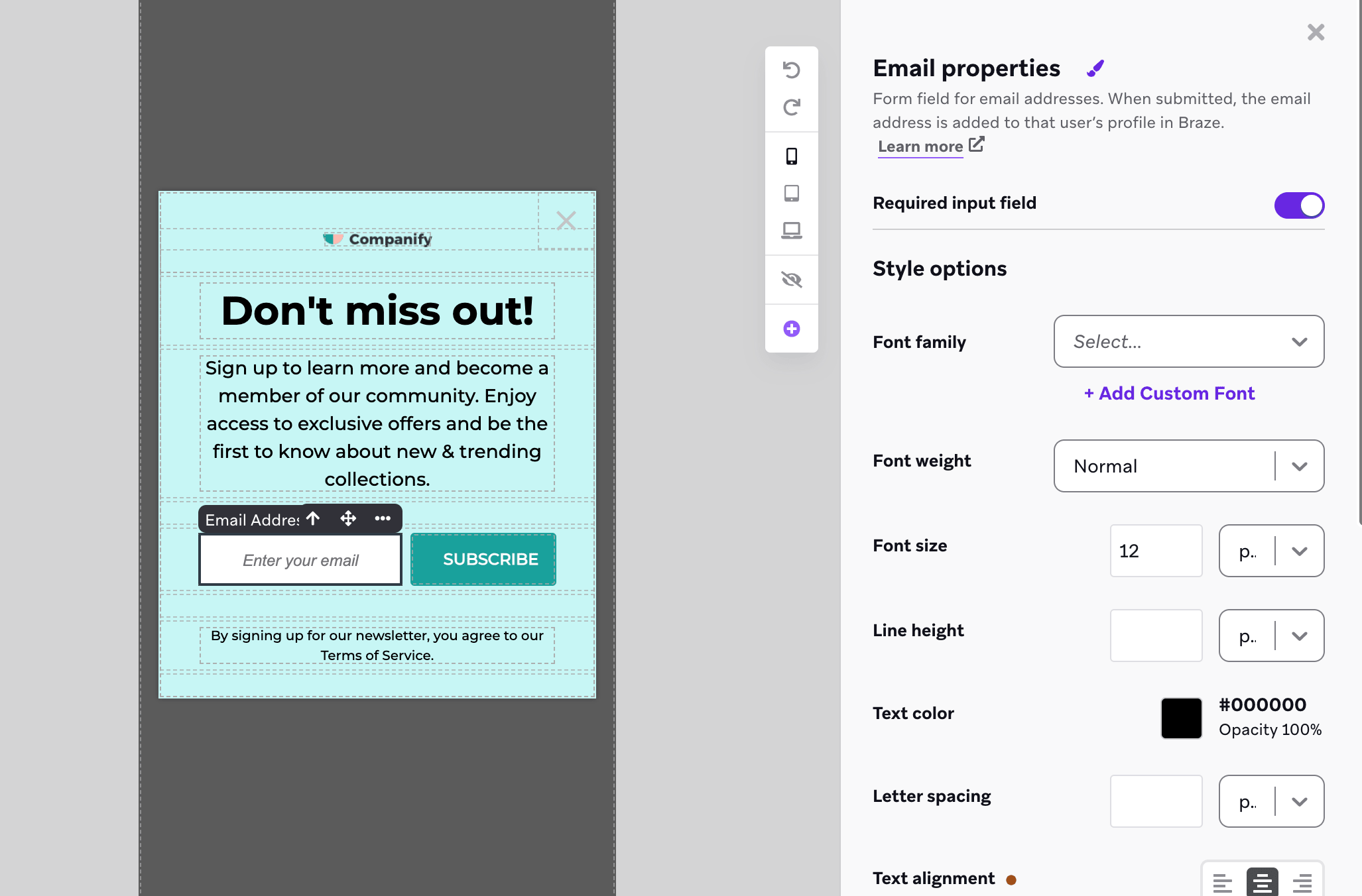 メールキャプチャ要素をカスタマイズするためのサイドメニュー付きのアプリ内メッセージエディタ。