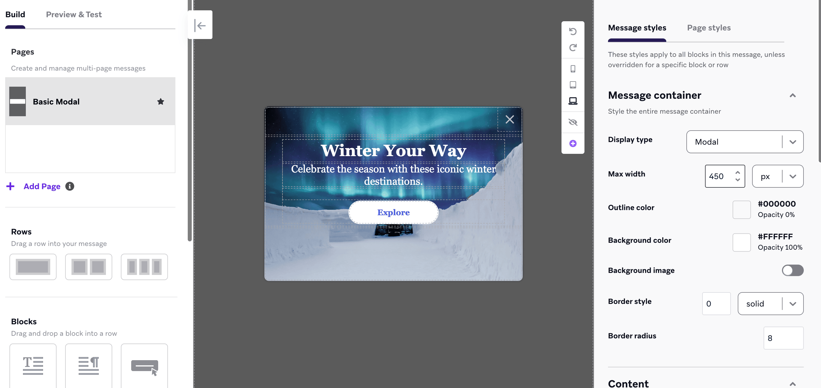 季節プロモーションのテンプレートを持つアプリ内メッセージエディター。