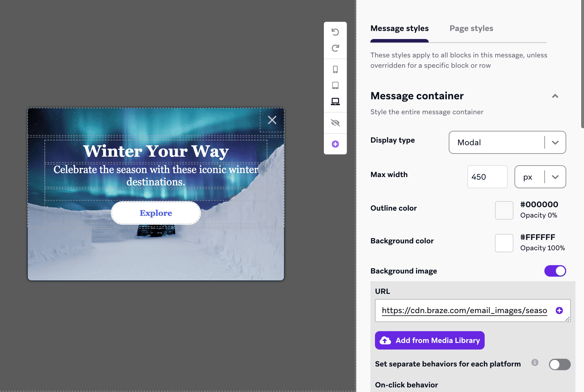 背景画像を選択するサイドメニュー付きのアプリ内メッセージエディターです。