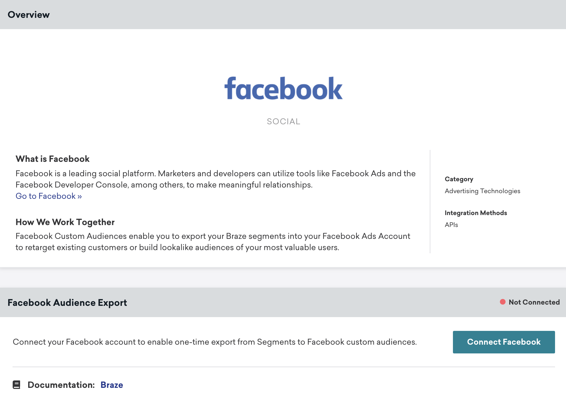 BrazeプラットフォームのFacebookテクノロジーパートナーのページ。