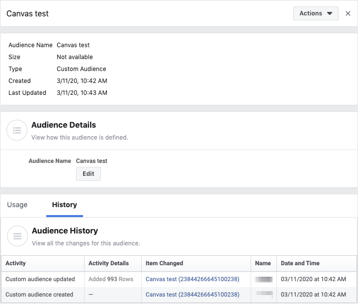 オーディエンスの詳細と、特定の Facebook オーディエンスの「履歴」タブ。このタブには、アクティビティ、アクティビティの詳細、変更されたアイテム、および日時の列を含む「オーディエンス履歴」が表示されている。