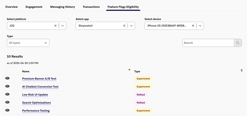ユーザーが適格であるフィーチャーフラグのテーブルを示す"画像。