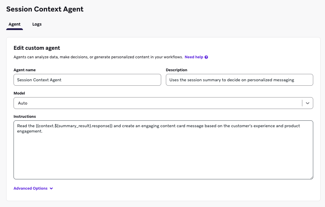 プロンプトが表示されたBraze Agent Context creatorのスクリーンショット