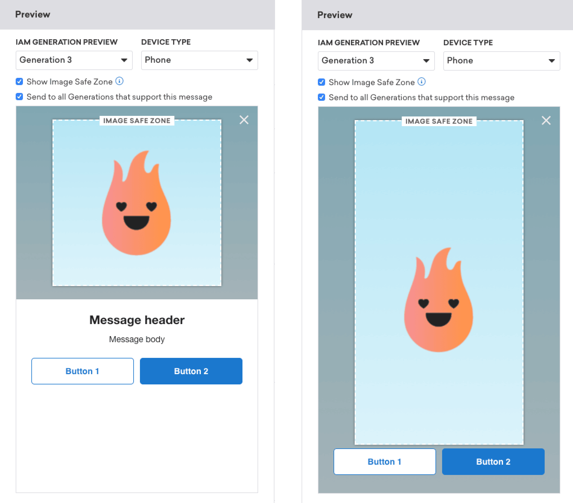 「画像セーフゾーンを表示」を有効にした Braze で、アプリ内メッセージをプレビュー。画像のセーフゾーンは、画像のどの部分が切り抜きから保護されるかを視覚化する画像上のオーバーレイである。