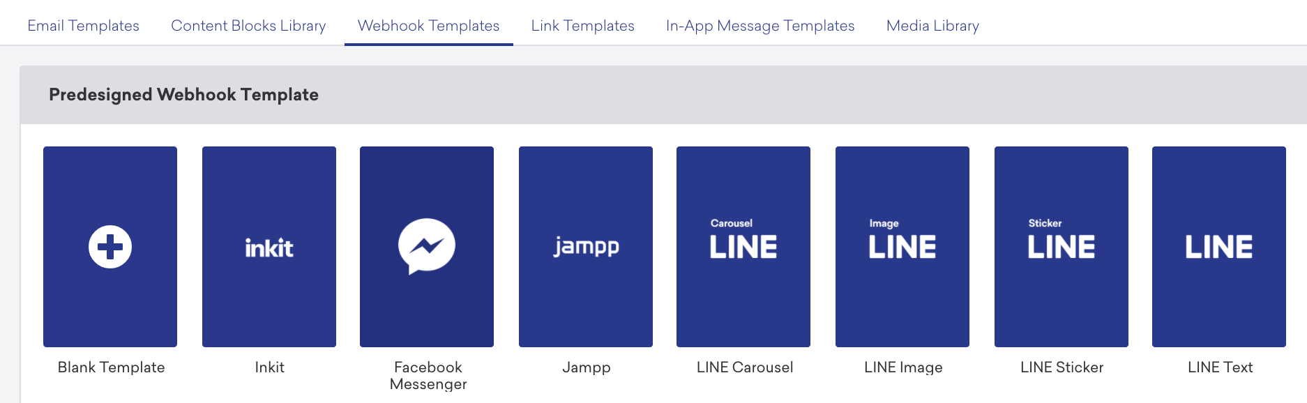 Templates & MediaセクションのWebhook Templatesタブにある、利用可能なデザイン済みWebhookテンプレートのセレクション。