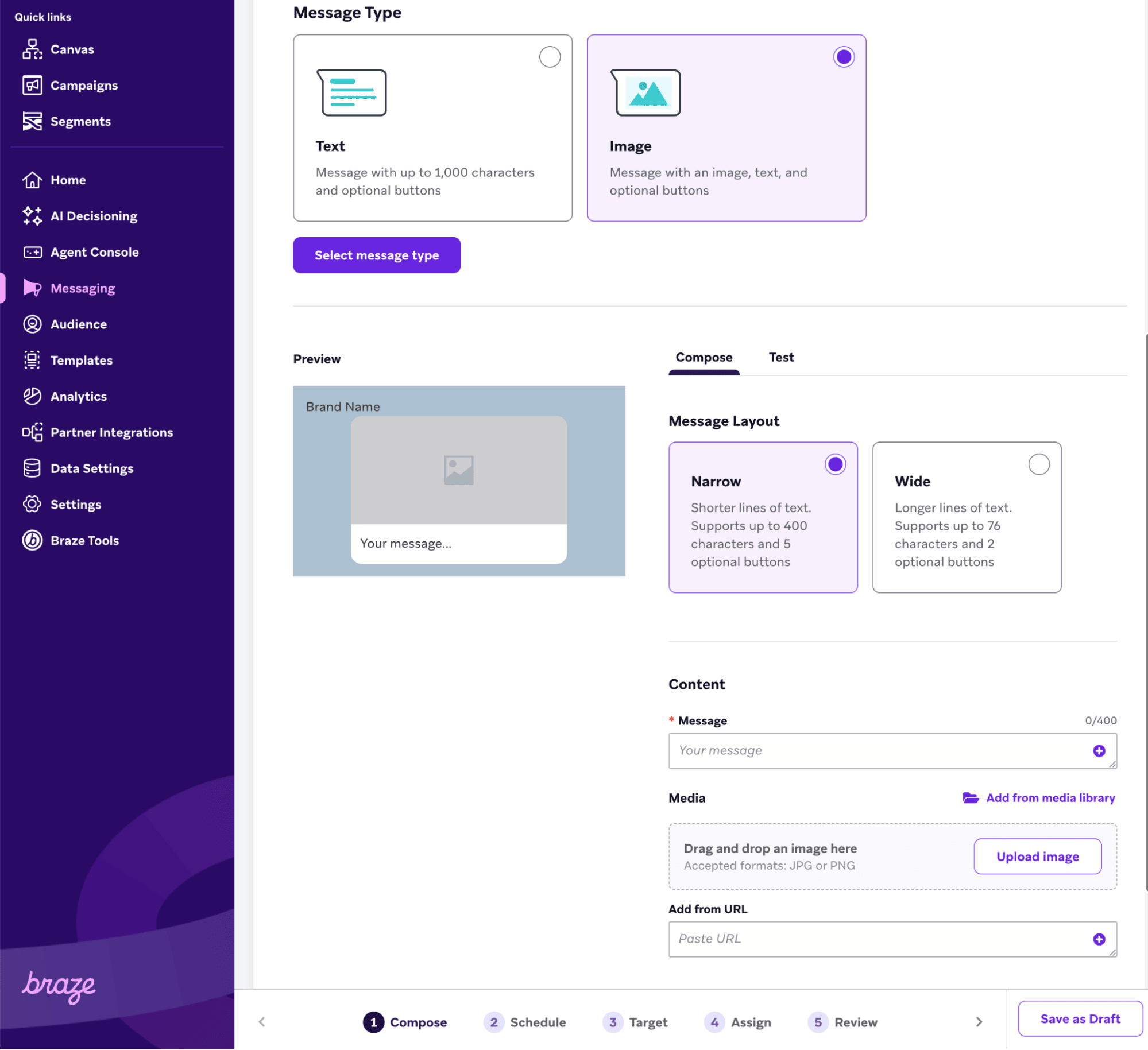 ナロー画像を追加するためのアイコンが選択されたセクション。
