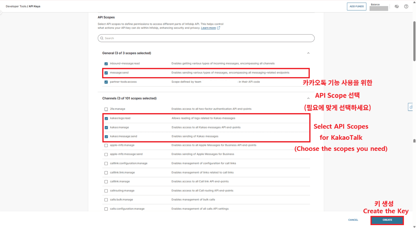 名前、有効期限、APIスコープのフィールドが表示されているInfobip Create API Keyページ。