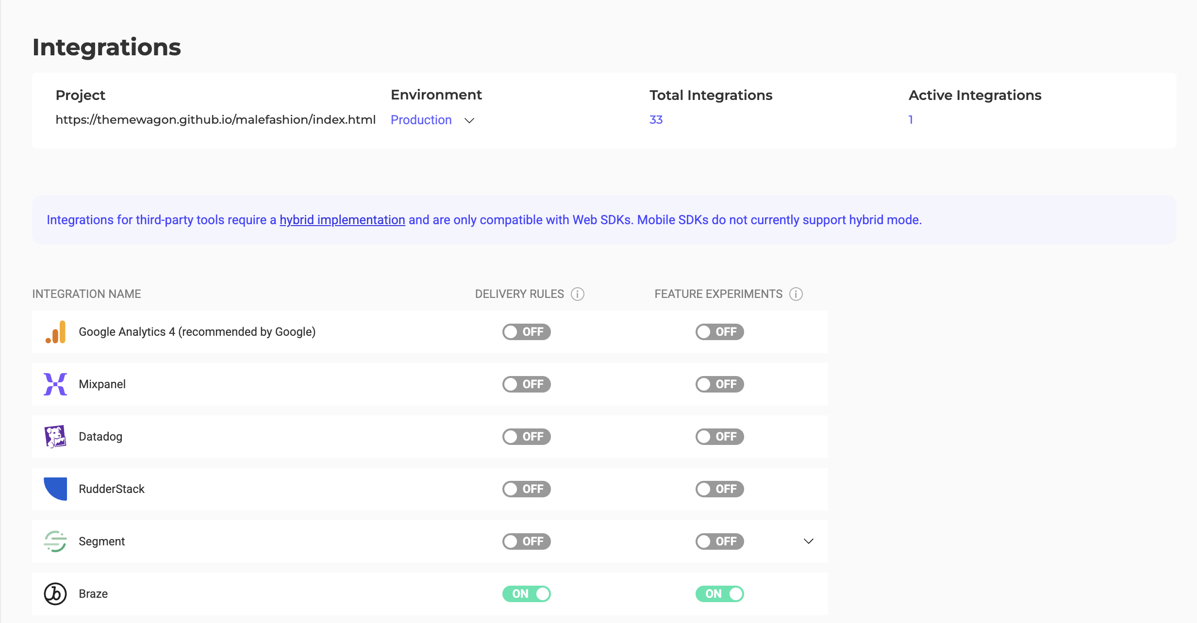 Kameleoon のFeature Flag(機能フラグ)ページで、利用可能な統合があります。パートナーごとに、"Delivery rules"および"Feature experiments"の2つの切り替えるがあります。